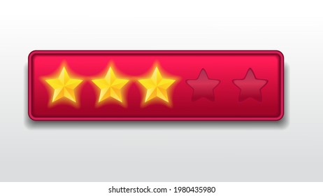 three (3) Stars. Neutral Customer feedback rating sytem. realistic shiny gold stars in front of red rectangle modern vector illustration