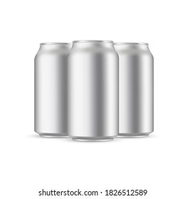 Three 330ml aluminium cans mockup isolated on white background. Vector illustration