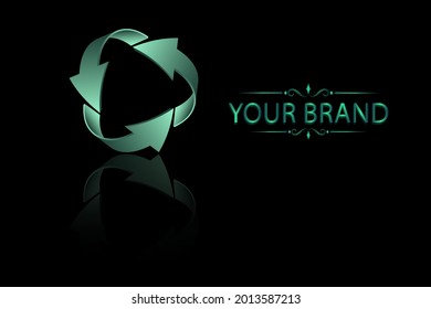Three 3D arrow logos arranged in a circle. Bright green gradient, black background, suitable for making logos, recycling.