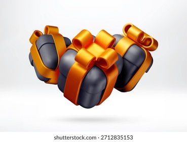 Tres cajas de regalo negras 3D con cinta de oro para evento especial, regalo de vacaciones, programa de recompensa, cumpleaños, Navidades o celebración de aniversario. Ilustración vectorial