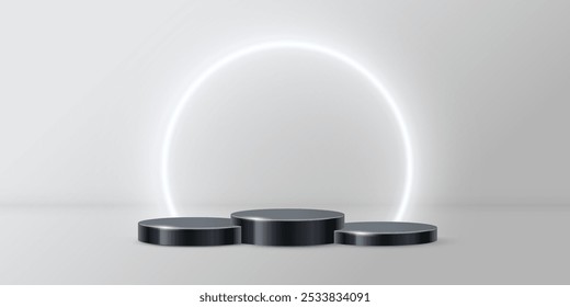 Three 3d black product podiums with white circle neon shiny frame vector illustration. Abstract dark stand pedestals of round geometric shape for luxury product presentation isolated on gray.