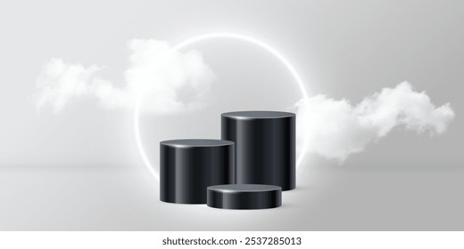 Three 3d black product podiums with white circle neon shiny frame and clouds vector illustration. Dark round stand pedestals for luxury product presentation isolated on gray background.