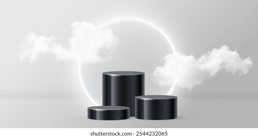 Three 3d black product podiums with white circle neon shiny frame and clouds vector illustration. Dark round stand pedestals for luxury product presentation isolated on gray background.