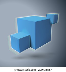 Three 3D blue cubes logo with color aberrations