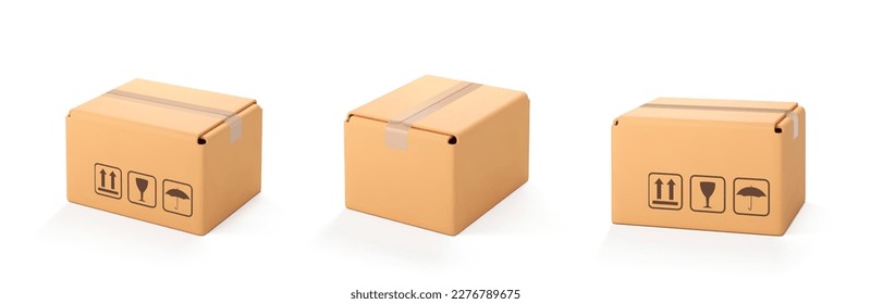 Three 3D cardboard closed box isolated on white background. Render delivery cargo box. Cartoon style cardboard box or delivery package. 3d realistic vector