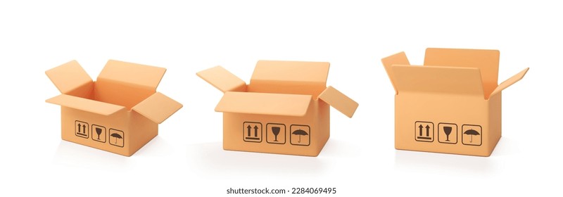 Tres cajas abiertas de cartón 3D aisladas sobre fondo blanco. Caja de carga de entrega. Caja de cartón estilo cartón o paquete de entrega. 3.ᵉʳ vector realista