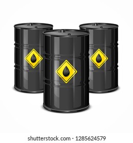Three 3d crude oil barrels with yellow label, isolated on white. Vector illustration.