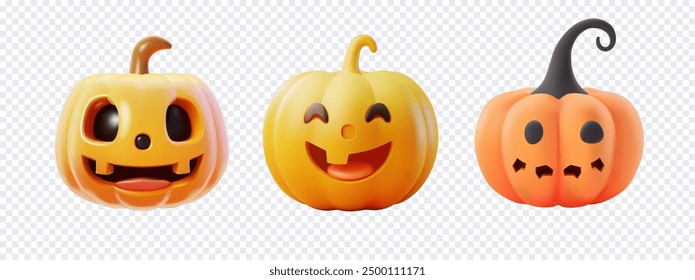 Three 3d cute and smiling Halloween pumpkins with different expressions displayed on a transparent background perfect for Halloween decorations and designs. Vector illustration