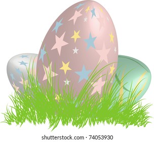 Three 3D easter eggs in a nest of grass illustration vector