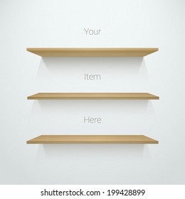Three 3d empty wood shelf  illustration on wall for online exhibit, web design, presentation