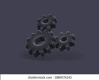 Three 3D gears with shadow on gray background. Abstract vector illustration of digital silver cogwheels connection. Concept of business partnership, teamwork and successful business solution.
