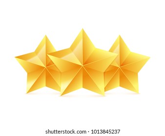 Three 3D gold stars on white background. Victory award. Vector illustration