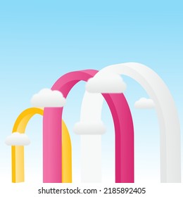 Three 3D half circles, pink, yellow, white. blue background clouds