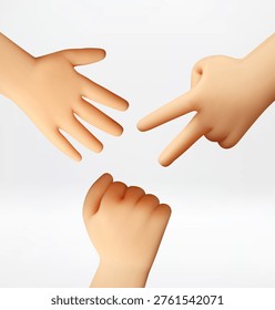 Three 3D hands playing rock paper scissors game. Cartoon human palms making gestures for competition. Challenge, choice and decision making concept. Playful render illustration. Vector illustration