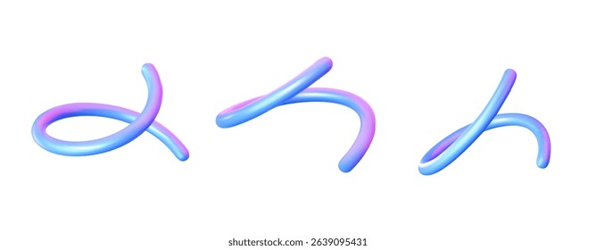 Three 3D holographic curved elements on white background. Abstract set for web design, UI and digital decoration. Vector illustration.