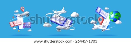 Three 3d illustrations displaying air travel concepts with planes, tickets, credit card, map pin, smartphone and planet earth on blue backdrop.