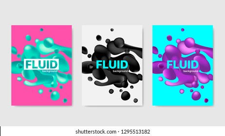 Three 3d liquid lava lamp vector geometric background set for banner, brochure, poster, UI web design.  Vivid gradient mesh bubbles on colorful backdrop. Fluid colorful abstract shapes in mask EPS 10