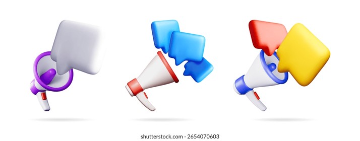 Three 3d megaphones with speech bubbles for announcement, marketing message, and social media promotion.