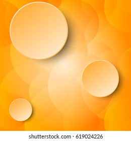 Three 3d orange paper circle label on orange transparent bubble abstract design background concept