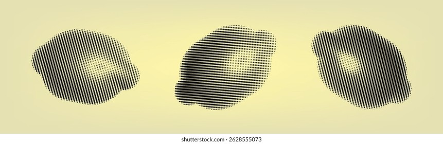 Three 3D organic floating blobs with a gradient background. Abstract  lemons in y2k style and 90s design. Cyber Design. 3D Rendered lemons in halftone style