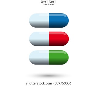 Three 3D pill red, blue and green colors