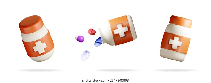 Three 3d plastic medicine bottle with medical cross symbol and spilled colorful pills. Modern pharmacy and healthcare concept graphic.