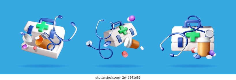 Three 3d plastic medicine chest illustration. First aid kit with stethoscope, pills. Concept of medical help. Health care.
