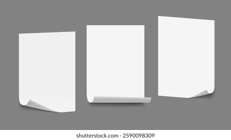 Three 3D Realistic Clear White Paper Sheets With Curled Corner. EPS10 Vector