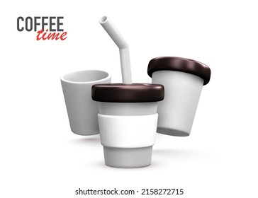 Three 3d realistic coffee cups isolated on white background. Vector illustration