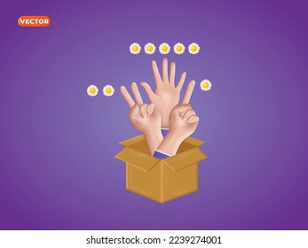 Three 3d realistic hands with white flowers. Modern three hands vector design in a box.
