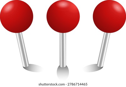 Three 3D realistic red push pins with metallic needles standing upright, glossy plastic map tacks casting soft shadows, stationery and office supply vector illustration on white background
