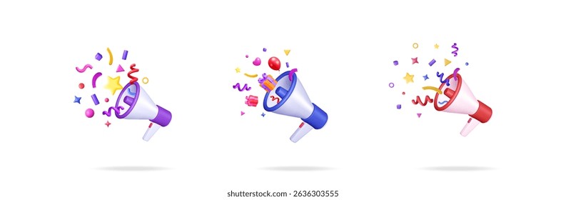 Three 3D render megaphones with colorful confetti. Marketing campaign concept with loudspeakers promoting celebration and announcement.