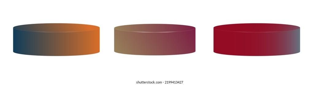 Three 3d rendered gradient colored podium, autumn-colored platforms. Empty platforms isolated on white background. Showroom pedestals. Vector Illustration Mock up.  EPS 10