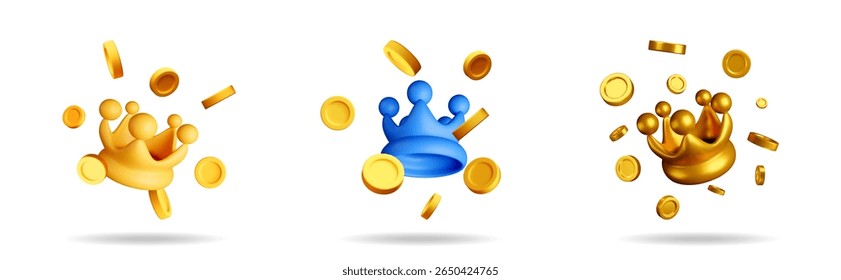 Três coroas de realeza 3D e moedas de ouro caindo. Dourado e azul simbólico rei tiara para vencedor, sucesso, jogo e conceito de dinheiro.
