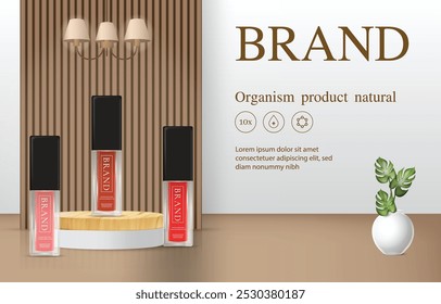 Three 3d serum cosmetics on the podium with white and brown background