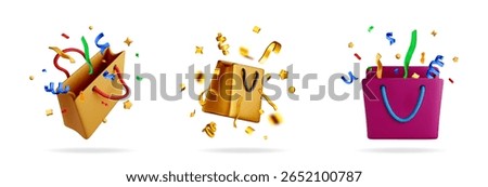 Three 3d shopping bag with flying confetti. Celebration of sale or store discount event. Concept of special offer for customer.