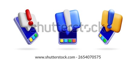 Three 3d smart phone icons with notification alerts and exclamation marks, representing important message communication.