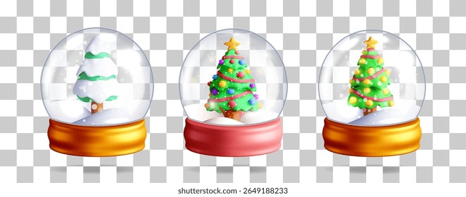 Three 3D snow globes with Christmas tree inside. Winter holiday celebration. Merry Christmas and new year card design.