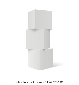 Tres cubos apilados en 3D. Columna de cubos blancos. Fondo de formas geométricas.