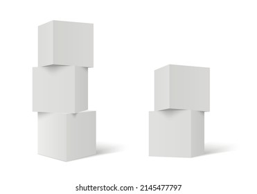 Tres cubos apilados en 3D. Columna de cubos blancos. Fondo de formas geométricas.