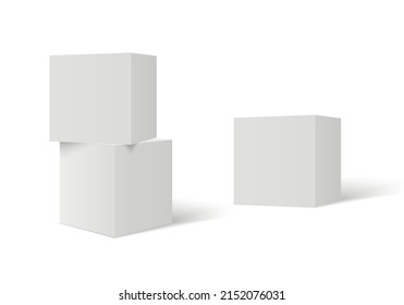 Three 3D stacked cubes. Column of white cubes. Geometric shapes background.