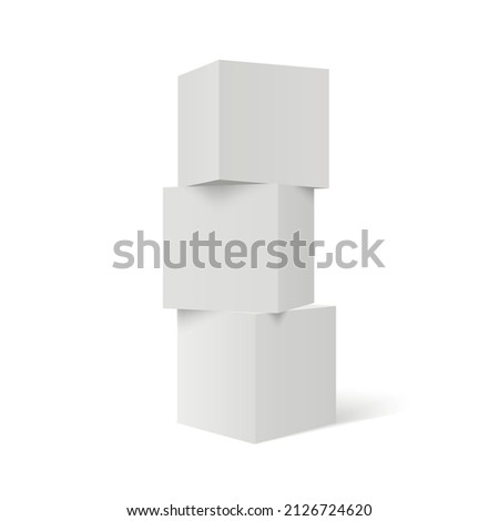 Three 3D stacked cubes. Column of white cubes. Geometric shapes background.