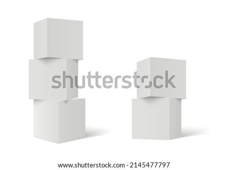 Three 3D stacked cubes. Column of white cubes. Geometric shapes background.