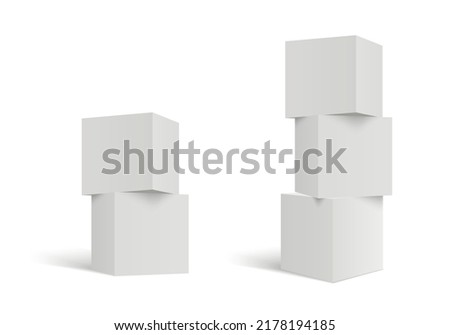 Three 3D stacked cubes. Column of white cubes. Geometric shapes background.