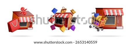Three 3d stock illustrations of small shops online. Store icon percent symbol bag. Cartoon minimal retail building.