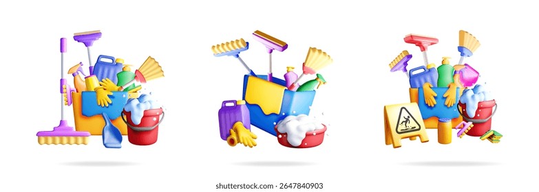 Three 3d stock vector illustrations featuring cleaning tools. Set of colorful household supplies for spring clean concept.
