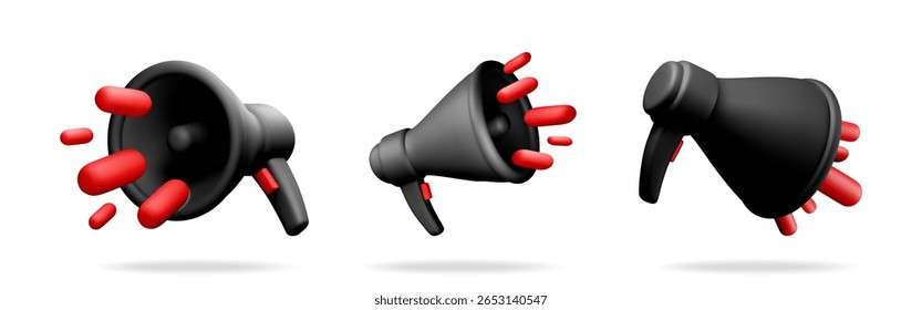 Tres Ilustraciones vectoriales de stock 3D de megáfonos negros con ondas de sonido rojas para el anuncio y la comercialización.