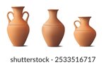 Three 3d terracotta clay pots of different sizes and shapes in a traditional style. Perfect for projects related to pottery, art, home decor, or cultural and historical themes. Vector illustration