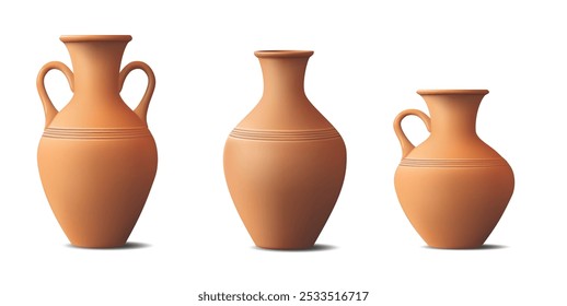 Três potes de barro 3d terracota de diferentes tamanhos e formas em um estilo tradicional. Perfeito para projetos relacionados a cerâmica, arte, decoração caseira ou temas culturais e históricos. Ilustração vetorial