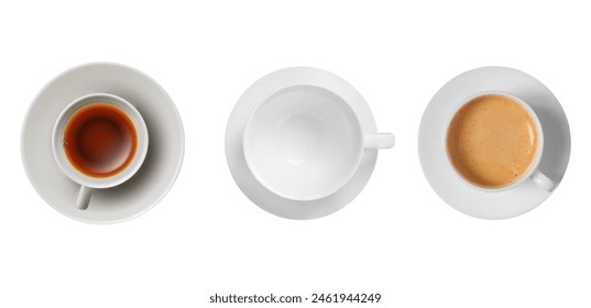 Three 3d top view coffee cup with saucer on white background